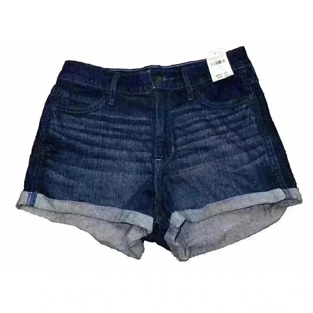 NWT Hollister Dark Wash Cuffed Blue Jean Shorts High Rise Whiskered Size 5